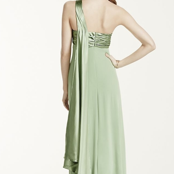 Formal David's Bridal Navy One Shoulder Long Jersey Dress With Cascade Back Sz 8 - Picture 10 of 11